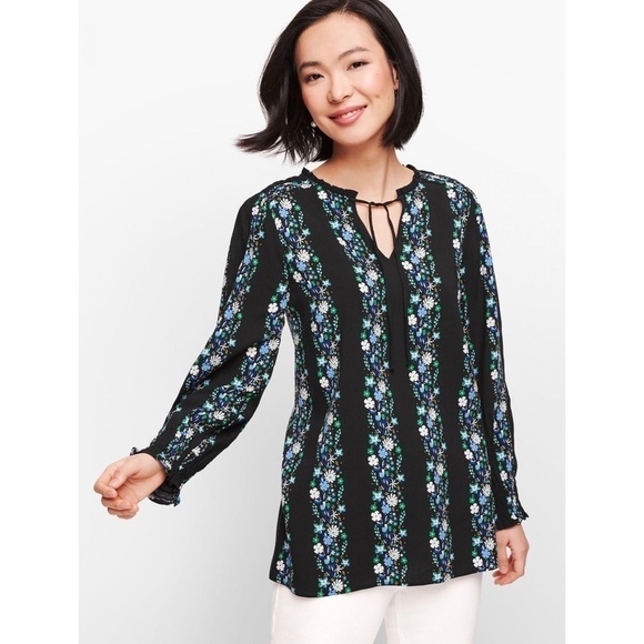 Talbots Tie Neck Smocked Top in Floral Stripe Black Sz Small Petite NWOT - Picture 1 of 11